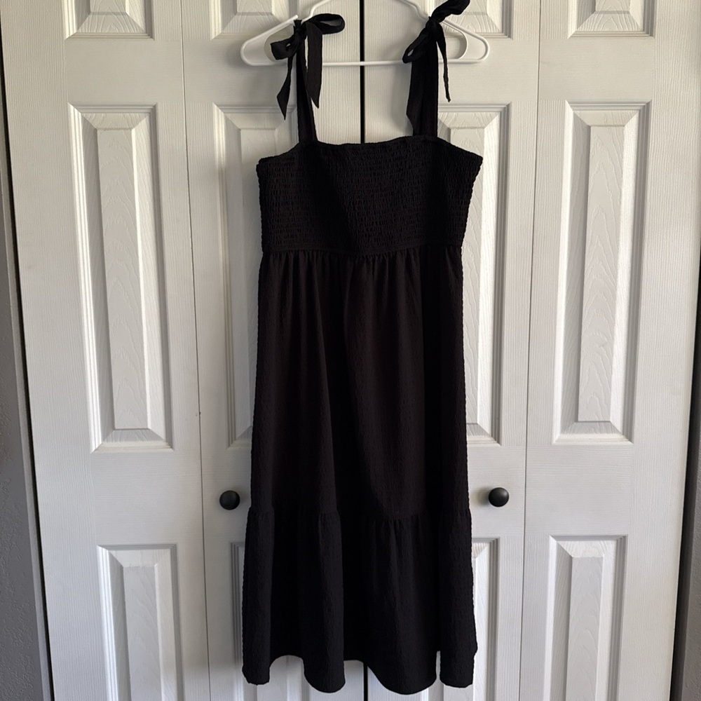 Black Smocked Midi Dress with Tie Straps